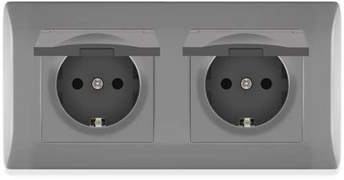 BSEED Doppelsteckdose mit wasserdichter Abdeckung, Schuko Steckdose Unterputz mit Steckklemme, 2 Fach Steckdose mit PC Rahmen, Einbausteckdose 16Amp, Doppel Schutzkontakt Steckdose Grau - 152 mm