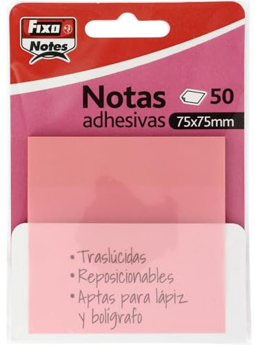 Fixo Notes | Notas Adhesivas Transparentes | 50 Notas de 75x75mm | De Plástico | Color Rosa Pastel | Reusables e Impermeables | Para Amantes de la Papeleria Aesthetic | Ideal como Material Escolar