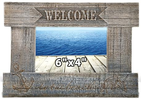 CoTa Global Bilderrahmen aus Treibholz mit Anker, 15,2 x 10,2 cm, Weiß, abgenutztes Holz, für Sommerurlaub, Erinnerung, handgefertigtes Treibholz, nautischer Bilderrahmen für Tischplatte oder Wand, 26