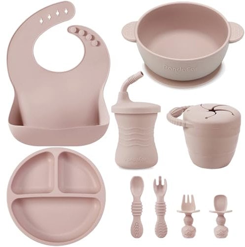 PandaEar Set De Vaisselle En Silicone Pour Bébé | 9 Pièces | Assiette Avec Ventouse, Bol, Bavoir En Silicone, Gobelet D'Apprentissage, Cuillères Pour Bébé (Rose)