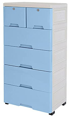 Komode, 6-Stock Kunststoffschrank Aufbewahrungsschrank für Schubladen, Multifunktional Schrank mit Vier Rädern, Mobiler Schubladenschrank, Mit Schloss Schränke, 50x35x102cm (Blau)
