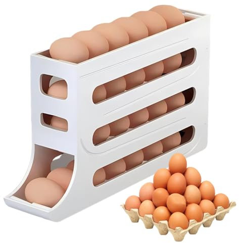 Primst Egg Dispenser for Refrigerator, Automatic Egg Rolling Holder, 4-Layer Rolling Eggs Storage Box, Space Saving Egg Organizer Tray for Fridge (White)
