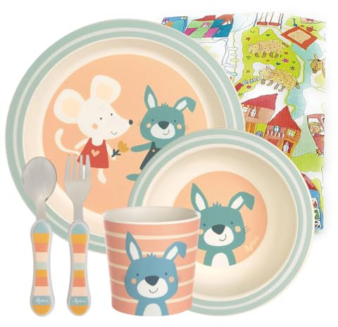 Sigikid Melamin Kinder-Geschirrset Taufgeschenk Kindgerecht Spülmaschinenfest (Hase/Maus 4-teilig)