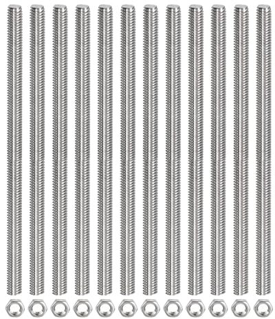 TOP-VIGOR 12Pcs M6 x 200mm Fully Threaded Rod, 304 Stainless Steel Right Hand Threads Rods, Fully Studding Rod Bar with 12Pcs Hex Nuts for Anchor Bolts, Clamps, Hangers and U-Bolts