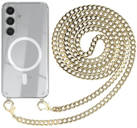 EAZY CASE - Handykette kompatibel mit Samsung Galaxy S24 Kette zum Umhängen Stoßfest Handyhülle für Galaxy S24 Silikon Hülle mit Band aus Metall Handytasche Transparent als Fallschutz in Gold