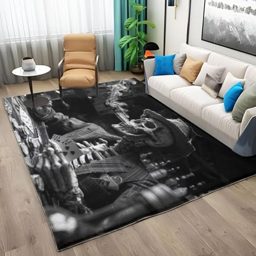 Teppich Horror-Themen-Totenkopf-Spielkarten Schwarz Motiv Kinder Jungen 120x170cm Teppich Dekoration Schlafzimmer Wohnzimmer,Modern rutschfest Waschbar Flanell Rechteck Teppiche