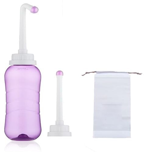 Brigtviee Portable Bidet for Perineal Douching, Peri Bottles for Postpartum Care, 500ml Large Portable Perineal Bottle with 60° Angled Spout & Direct Nozzle & Storage Bag, Douche Bottles,Purple