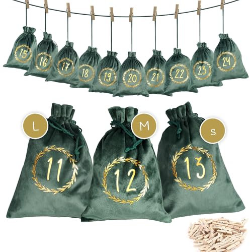 Premium Adventskalender Samt-Säckchen in verschiedenen Größen zum Befüllen mit hochwertigem goldenen Druck - DIY Kalender für Kinder (Jungen & Mädchen), Männer, Frauen und Paare