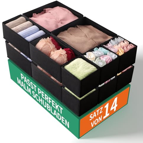 ORLISA 14er Set Schubladen Organizer kompatibel mit MALM Kommode passend für Schrank, Kommoden Wickeltischen, Faltbar Modular einsetzbar, Schwarz