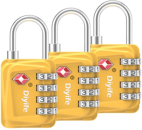 TSA Luggage Locks, [Updated Version] [3 Packs] Diyife 4-Digit Security Padlock, Resettable Zinc Alloy Combination Padlocks, Small Code Lock for Travel Suitcases Luggage Bag Case (Yellow)