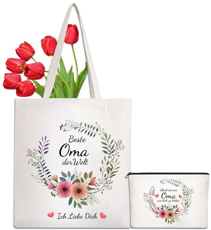 LIHIQIYA Baumwolltasche Oma Geschenk, Geburtstag Tote Bag Geschenk für Oma Tasche mit Beste Oma Der Welt, Einkaufstasche Oma Baumwollbeutel, Sinnvolle Tragetasche Kosmetiktasche Ostergeschenke für Oma