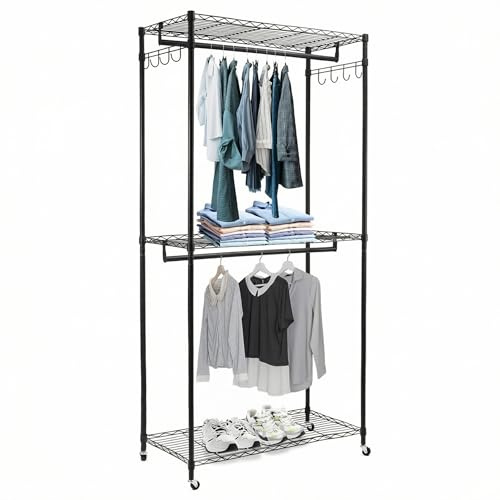 QWORK® Portant à vêtements robuste à double tige avec étagères réglables, roulettes verrouillables et crochets, 90 x 43.5 x 180 cm
