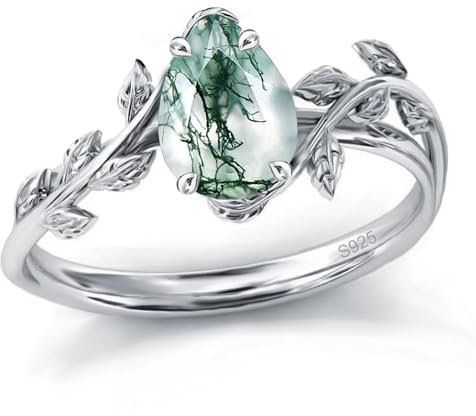 Moosachat Ring Silber 925 Moosachat Ringe Damen Weihnachten Ringe Verlobungsring Hochzeitsring für Mutter Frauen,Ringgröße 52(16.6)