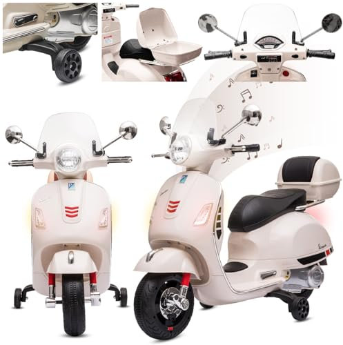 Vespa Elektro Kindermotorrad ab 3 Jahren mit Kunststoffräder und -sitze, Kofferraum, MP3-Player, USD MicroSD AUX-Anschluss. Elektroroller, Kinderroller (Weiß)