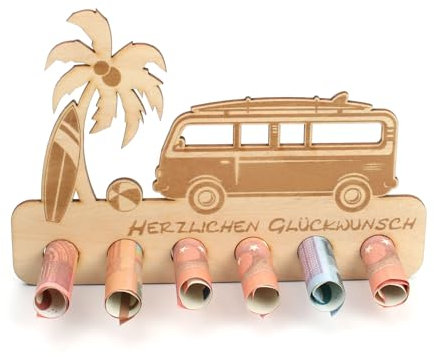 Kreative Feder Geldgeschenk Urlaub & Reisen zum Geburtstag - Geldscheinhalter aus Holz in originellem Design mit 6 Löchern für Geldscheine (Van mit Palme)
