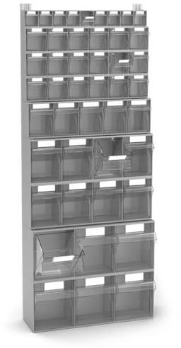 Fami - Pannello Porta Minuteria da Muro per Garage e Officina, 46 Cassetti Trasparenti Visual Box, 9 Cassettiere Modulabili di 5 Dimensioni, Scaffale Portautensili, Dimensioni: 60,2 x 22,5 x 150 cm