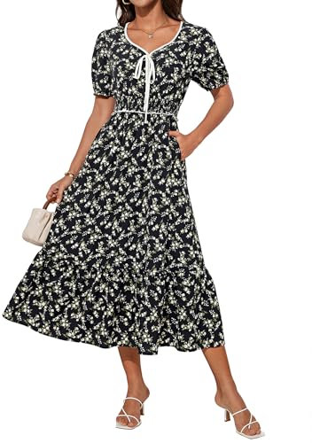 GRACE KARIN Women Summer Casual Midi Floral Dress Short Sleeve V Neck Sun Dress Vintage Dress Black White Flower XL