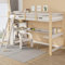 Kinderhochbett 90x200 cm mit Schutzleisten und Lattenrost, Kinderbett mit Schrägleiter, integriertem Schreibtisch und Regalen, Etagenbett aus Massivholz, weißes multifunktionales Familienbett