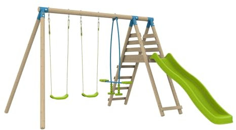 TP Toys Station BARBOUZET 2 balançoires - vis-à-vis - Toboggan - kit d'ancrage - Bois FSC® h224 cm