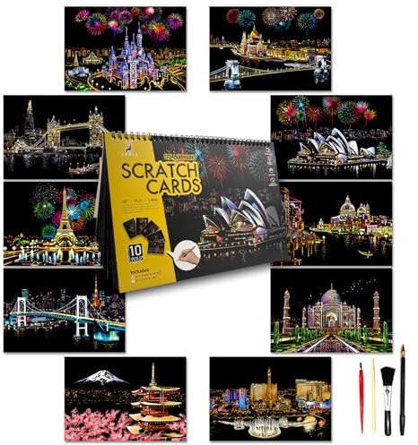 SiYear Kratzkunst-Malpapier-Set für Erwachsene und Kinder, Sehenswürdigkeit, Stadtserie, Nachtszene, Kratzbrett, kreatives Geschenk, DIY-Foliengravur, Basteln mit 4 Werkzeugen (City-A4-10er-Pack)