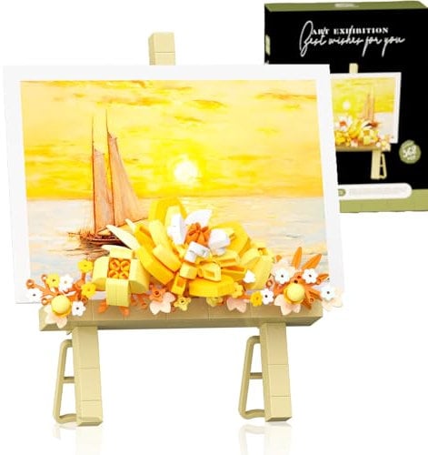 Botanical Mini Flower Bouquet Building Bricks Set - Creative STEM Desk Decor.Block Easel For Photo Easel & Message Plaques,DIY Craft Kit, Kids Adults Home Office Gift (Yellow368pcs)