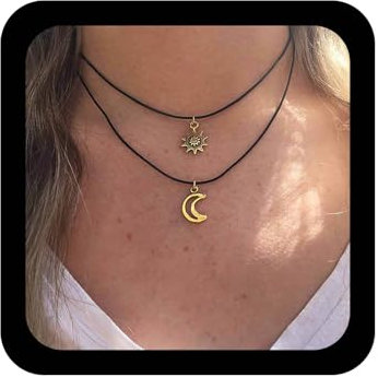 Cybche Collier Ras De Cou Vintage Lune Soleil Collier Pendentif Céleste En Cuir Superposé Collier Corde Cirée Noire Chaîne Cordon Croissant Colliers Bijoux Pour Femmes