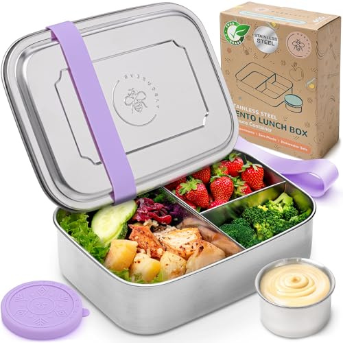 Everusely - Caja Bento - Lavanda - 1,8 l - Fiambrera de acero inoxidable con recipiente para condimentos a prueba de fugas - Recipiente para aperitivos con 3 compartimentos