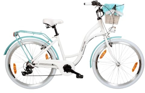 Goetze Mood Alu Damenrad 26 Zoll, 6-Gang mit Korb | Aluminiumrahmen, Tiefeinstieg, Shimano-Antrieb, V-Brakes, LED-Beleuchtung, Reflektoren, Gepäckträger, Korb