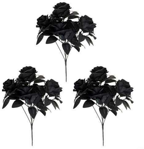 CWOQOCW 3 x 34 cm schwarze Rosenstrauß, künstliche Blumen für Halloween, Spukhaus-Dekoration und saisonale Heimdekoration