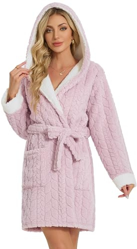 LYCY Women's Hooded Plush Short Bathrobe, Ultra Soft Jacquard Fluffy Robe with Pockets, Cozy Fuzzy Loungewear(Light Pink,S/M)