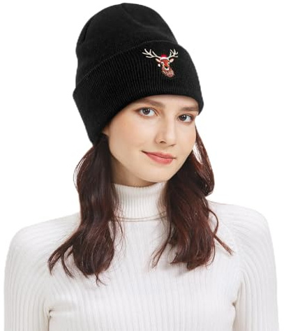 Phlognfy Weihnachts Strickmütze, Strickmütze Herren Damen Winter, Schwarze Wintermütze mit Rentier Stickmuster