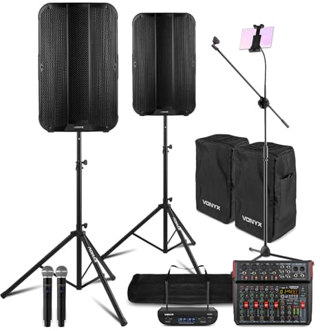 Vonyx Professional Karaoke System with Bluetooth PA Speakers, Wireless Mics, 8-Channel Mixer, Stands, Covers & Tablet Stand, Complete Home & Event Karaoke Set for Adults, DJ & Live Shows