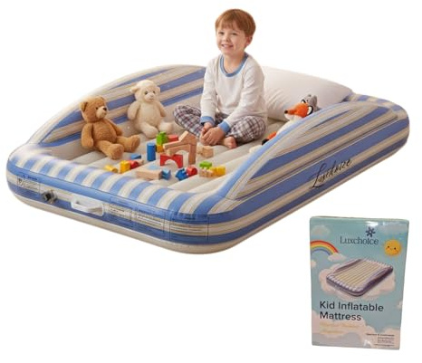 Luxchoice Reisebett Kinder-Kinderbett mit Elektrischer Luftpumpe-Aufblasbares Kinderbett mit Erhöhten Sicherheitsrändern Weiche Beflockte Oberfläche Tragbar für Reisen Übernachtungen Zuhause