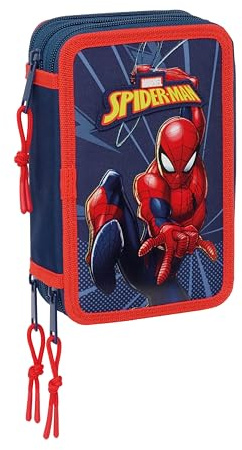 Spider-Man Schulmäppchen mit 37 Utensilien, Federmäppchen für Kinder, ideal für Kinder von 5 bis 14 Jahren, bequem und vielseitig, Qualität und Widerstandsfähigkeit, 12,5 x 5,5 x 19,5 cm