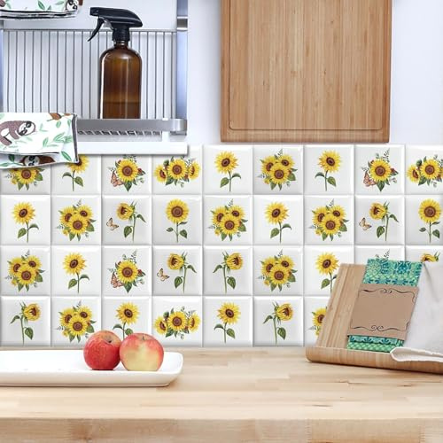 Piastrelle Adesive Cucina Giallo Girasole Pavimento Adesivo Impermeabile Resistenza all'olio PVC Camino Mobili Decorazioni Piastrelle Adesive Bagno 20x20 cm/10 Pezzi