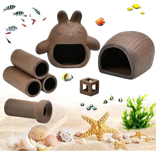 KAGEYMB 5 Stück Aquarium Keramik Höhle Set Welshöhle Braun Ton Fish Tank Zubehör Aquaristik Catfish Cave Garnelen Versteck Wels Zucht Laichhöhle mit Röhre für Garnelen Fischlaiche Welse Ornament