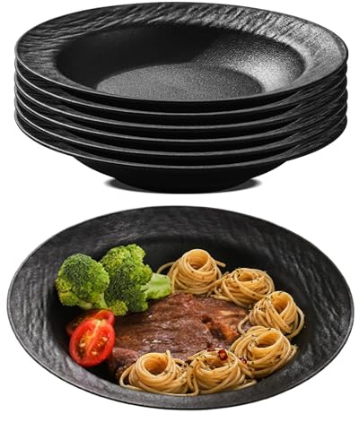 SUNOYA Set di 6 piatti per pasta, piatti fondi, in plastica, grandi e profondi, riutilizzabili, bianchi rotondi, piatti fondi per camper, feste, picnic, campeggio (nero)