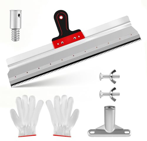Großflächenrakel, 56cm Rakel Flächenspachtel mit 5mm Zahnung Handschuhe Inbegriffen, Selbstnivellier Spachtel für Beton & Estrich, Robuster Edelstahl Rakel mit Griff & Verlängerungsanschluss