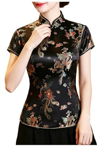 Générique Qipao Chemise Cheongsam Chinoise pour Femme, Imprimé Dragon, Phénix, Hauts Ethniques, Manches Courtes, Col Mandarin, Chemisier Chinois, De Tuniques pour Femmes, Vêtements Traditionnels
