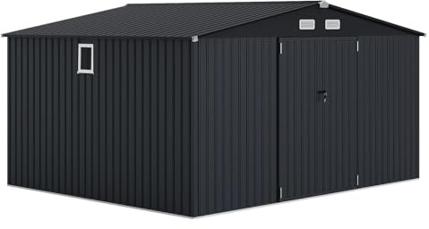 Garvee Gerätehaus, 350 x 286 cm, Dunkelgrau | Robust und wasserdicht, mit Doppeltüren, Lüftungen, Fenster und Solarleuchte für Gartengeräte und Fahrräder