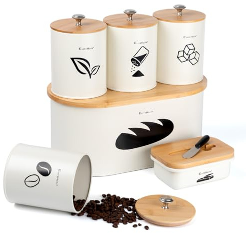 EliteHoff Brotkasten mit Schneidebrett + Vorratsdosen 4er Set (Kaffeedose Teedose Zuckerdose Salzdose) und Butterdose mit Messer - Brotbox aus Metall mit Bambusdeckel, 34x18x16 cm (Beige)