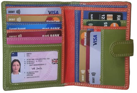 STARHIDE Mehrfarbige Damen-Geldbörse, RFID-blockierend, kompakt, mit extra Kartenkapazität, weiches Echtleder, mittlere Geldbörse mit umlaufendem Münzfach mit Reißverschluss (Grün/Mehrfarbig)