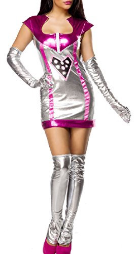 Damen Space Girl Weltraum Kostüm Verkleidung mit Kleid, Stulpen, 2 Handschuhe mit Wetlook Material in silber lila Onesize