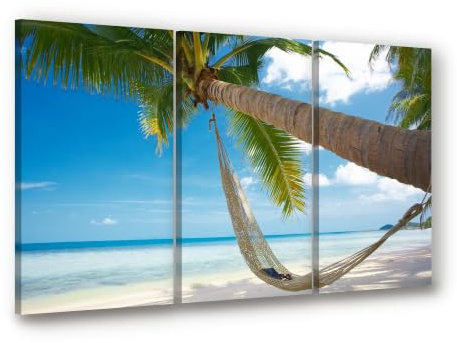 Visario Leinwandbild 3-teilig XXL 150x90 cm 1039 - Hängematte unter Palmen - Karibikstrand mit türkisem Meer - Wandbild-Set je 50x90 cm fertig aufgespannt auf Holzrahmen