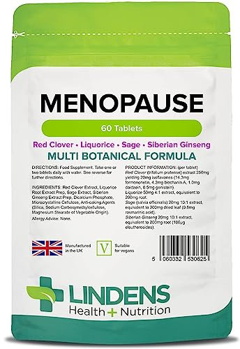 Lindens - Menopause 60 Tablets - UK Made - Multi Botanical Formula - Red Clover, Liquorice, Sage and Siberian Ginseng - Supports Wellbeing & Vitality, Letterbox Friendly - Vegan