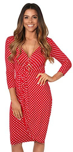 KRISP Women Polka Dot Wrap Midi Dress V-Neck 3/4 Sleeve (Red, 18), 6487-RED-18