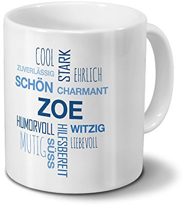 printplanet Tasse mit Namen Zoe Positive Eigenschaften Tagcloud - Blau - Namenstasse, Kaffeebecher, Mug, Becher, Kaffeetasse