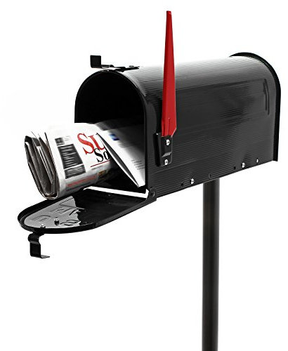 Wiltec Kit Boîte aux lettres américaine et pied de support, 180 x 220 x 480 mm, Couleur noire, Acier galvanisé, Boîte postale US Mailbox avec fanion rouge