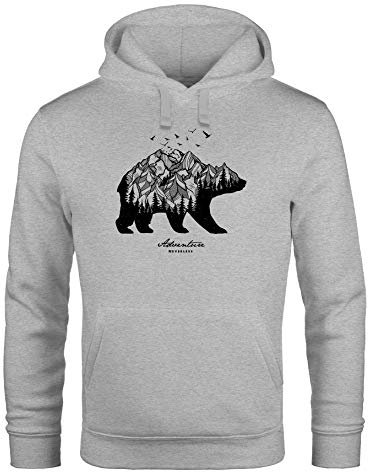 Neverless Hoodie Herren Bär Abenteuer Berge Wald Bear Mountains Adventure Kapuzen-Pullover Männer grau S