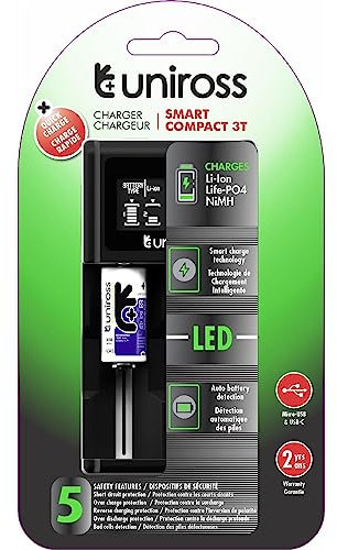 Uniross Chargeur Compact 3T LCD, pour 1 à 2 Piles Lithium 18650 & Ni-MH 1.2V AA AAA